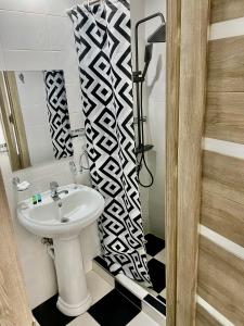 a bathroom with a sink and a shower curtain at Hayq in Yerevan +35 photos