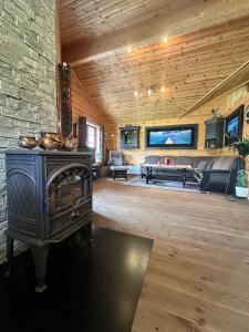 a living room with a fireplace in a log cabin at Lakefront Cabin on Vråvatn in Kviteseid +8 photos