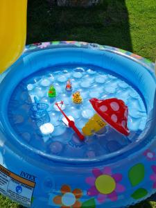 a toy boat in a bucket of water at Le studio à la campagne in Saint-Gobert