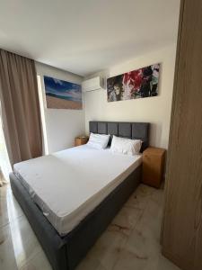 ein Schlafzimmer mit einem großen Bett in einem Zimmer in der Unterkunft Azure Haven in Dhërmi + 18 Fotos