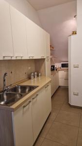 a kitchen with a sink and a white refrigerator at Casa Pino Malè in Malè