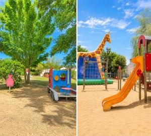 two pictures of a playground with a slide and a giraffe at Le Cottage D'Oléron, Mer et Animation Camping in Saint-Pierre-dʼOléron