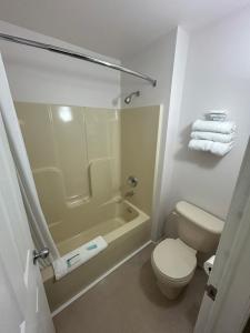 a bathroom with a shower and a toilet and a sink at Centennial Motel in Sauble Beach