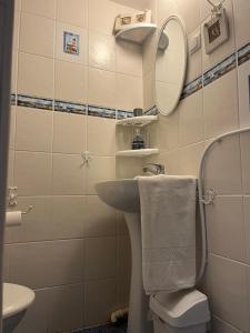 a bathroom with a sink and a mirror and a toilet at Vekšin Old Town & Promenade Apartment, Haapsalu in Haapsalu +6 photos
