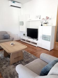 a living room with a table and a tv at Apartman Buongiorno in Jajce