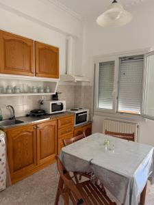 a kitchen with a table with chairs and a microwave at Afroditi Syros in Ermoupoli +29 photos