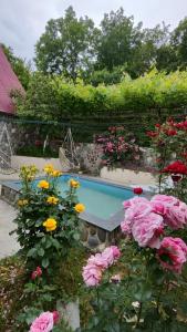 a garden with a swimming pool and pink flowers at Friendly Cottage with small Pool in Ambrolauri +52 photos