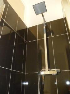 a shower with a shower head on a black tiled wall at Le Cordeliers Presqu'ile in Lyon