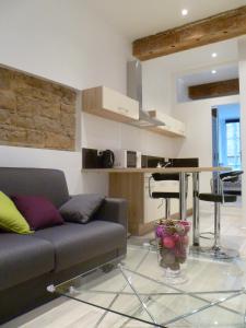 a living room with a couch and a kitchen at Le Cordeliers Presqu'ile in Lyon