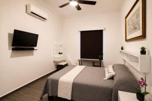 a bedroom with a bed and a flat screen tv at Alameda Suites & CAS - Centro Monterrey in Monterrey
