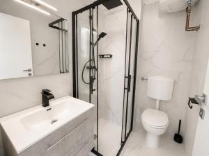a bathroom with a sink and a shower and a toilet at Anthea - Loft Elegans in Lignano Sabbiadoro