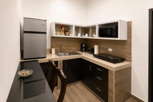 a small kitchen with a sink and a refrigerator at Alameda Suites & CAS - Centro Monterrey in Monterrey