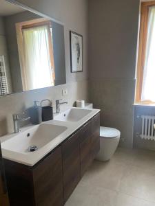 a bathroom with a sink and a toilet and a mirror at Casette Margherita in Fiera di Primiero