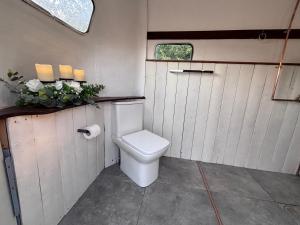 a bathroom with a toilet in a trailer at The Carriage Lorry at Tilleys Glamping in Birchington