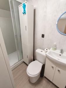 a white bathroom with a toilet and a sink at Agroturystyka Hogata in Wąchock