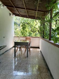 a table and a bench in a room with trees at La Raccolta in Scheggino