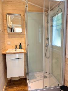 a bathroom with a shower and a sink at Älg Stuga in Kosta +32 photos