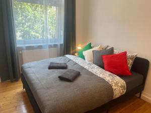 a bed with pillows on it in a room with a window at Süße Marie 19 - Coffee for free - in Karlsruhe