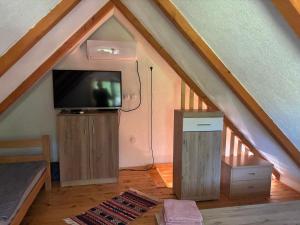 a living room with a tv in the attic at Pure Nature in Bihać