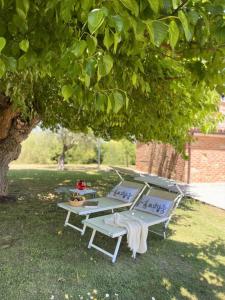 a picnic table and two chairs under a tree at Audaces Resort in Recanati +57 photos