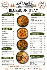 a menu for the bluehorn stay with bowls of food at Bluemoon Stay in Uttarkāshi +11 photos
