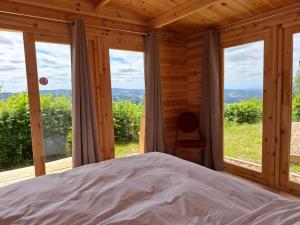 a bedroom with a bed and large windows at Cedre bleu in Saint-Racho