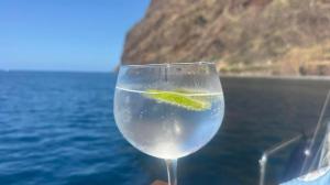 a glass of water with a lime in it at Spica in Funchal