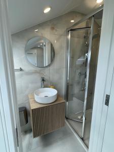 a bathroom with a sink and a shower at Coastal Skylight Studio in Bettystown