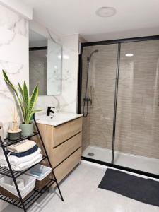 a bathroom with a shower and a sink at Blue rooms in Bilbao