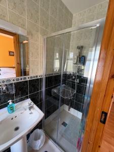 a bathroom with a glass shower and a sink at Roskeen house in Tierna +26 photos