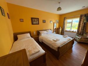 two beds in a room with yellow walls at Roskeen house in Tierna