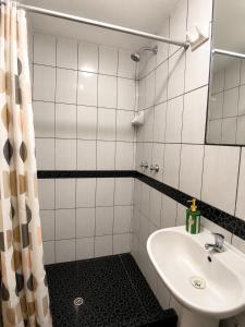 a bathroom with a sink and a shower curtain at Terra House Hostel in Cusco +61 photos