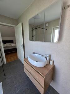a bathroom with a sink and a mirror at Private House with Jacuzzi and Sauna in Domžale +43 photos