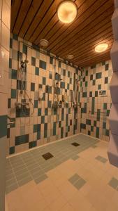 a bathroom with checkered tiles on the wall at Tiera Resort in Taivalkoski +12 photos