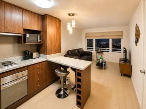a kitchen with a counter and a living room at Espacio parque 1D y 1B in Calama