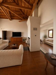 a living room with a couch and a fireplace at Sea & Salt ,Pelion,Agria Volos in Agria