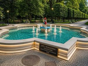 a fountain in a park with two people standing next to it at Apartament Wiejska 5a in Ciechocinek