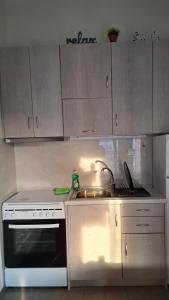 a kitchen with a sink and a stove and cabinets at The Suite in Kavála