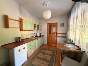 a kitchen with green cabinets and a white refrigerator at Spokojna Zagroda in Biały Dunajec