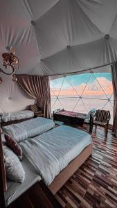 a bedroom with two beds and a large window at SaLem rum in Wadi Rum
