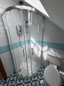 a bathroom with a shower and a toilet at The Old School Loft in Blidworth +8 photos