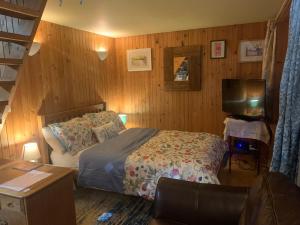 a bedroom with a bed and a television in it at Portlea Cabin in Oban
