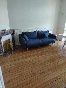 a blue couch in a living room with a fireplace at Harmonisches Waldatelier in Ingelheim am Rhein