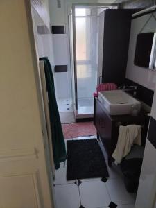 a bathroom with a sink and a mirror and a shower at Harmonisches Waldatelier in Ingelheim am Rhein