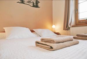 a bedroom with two beds with towels on them at Penzion pod Šerákem - celý objekt Ostružná - Jeseníky in Ostružná +32 photos