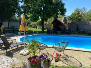 a swimming pool with chairs and an umbrella at Pool House in Subotica