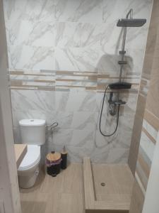 a bathroom with a toilet and a shower with marble walls at Casa de Playa in Salamina +8 photos