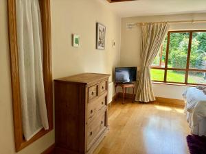 a bedroom with a wooden dresser and a tv in it at Borodino Studio Apartment in Enniscorthy
