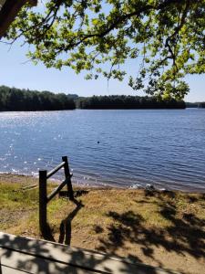 a bench sitting next to a body of water at chalet les pieds dans l'eau in Neuvic