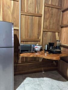 a kitchen with a counter with a microwave and a refrigerator at House Rio Celeste Paradise in Rio Celeste